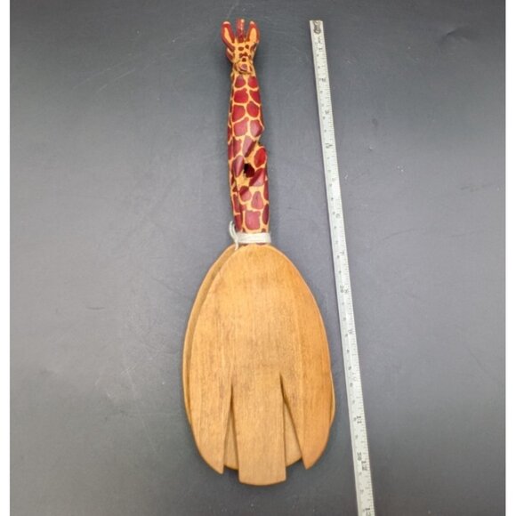 Giraffe Salad Serving Set African Hand Carved Wooden Large Fork and Spoon 12" - Picture 8 of 9